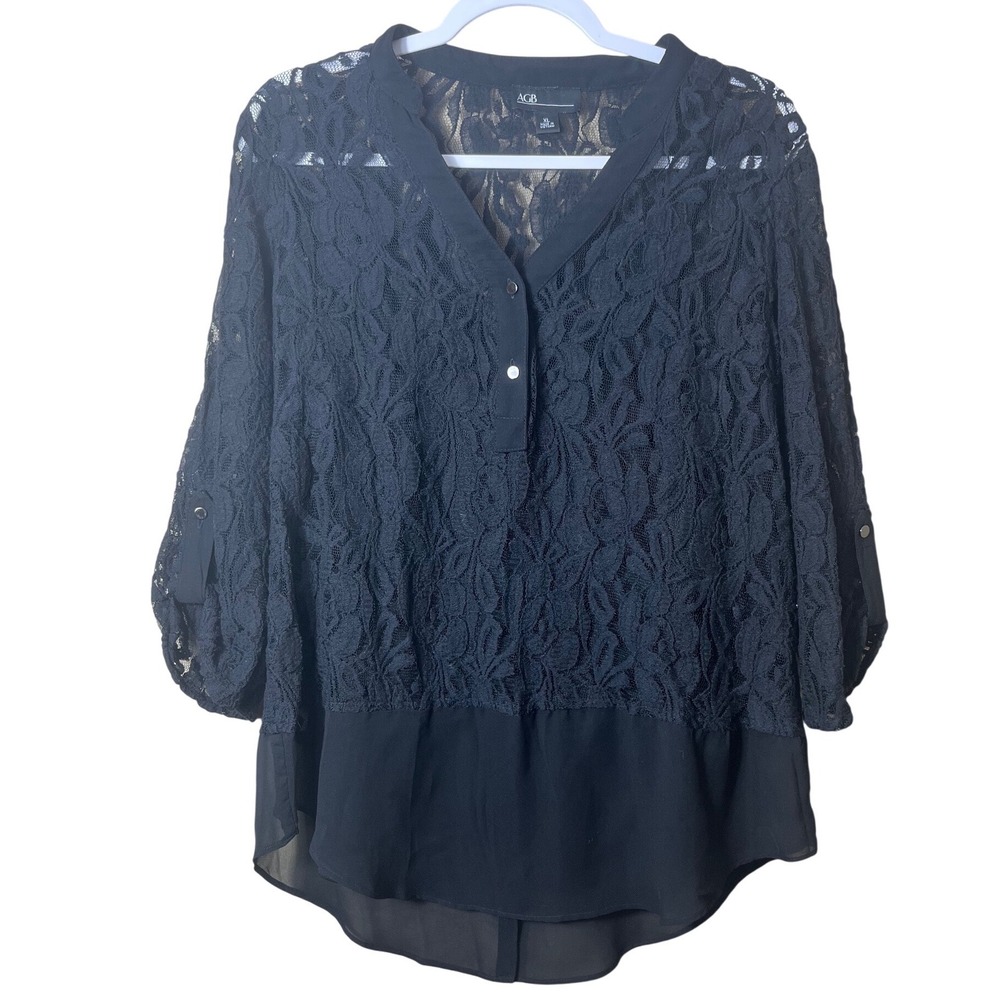 AGB Black Floral Lace V-Neck Blouse XL Goth Romantic Chiffon Hem Roll Tab Sleeve